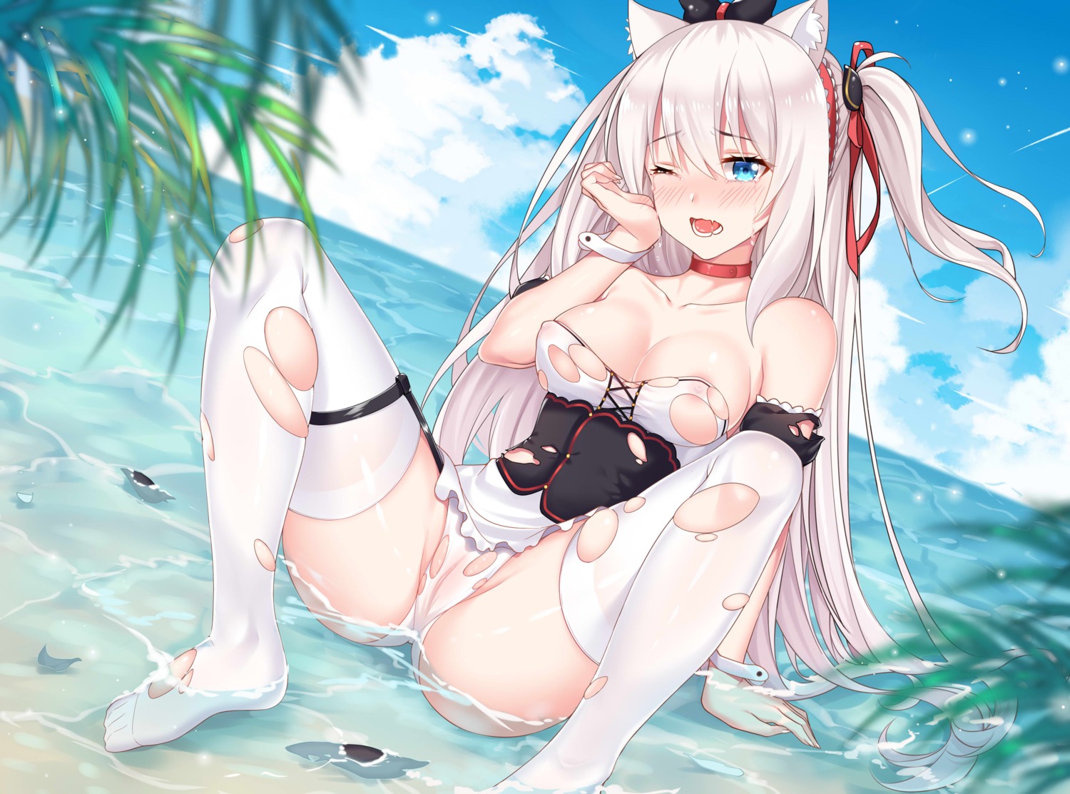 animal_ears azur_lane cameltoe erect_nipples hammann_(azur_lane) nipples no_bra pantsu pussy sannio see_through torn_clothes