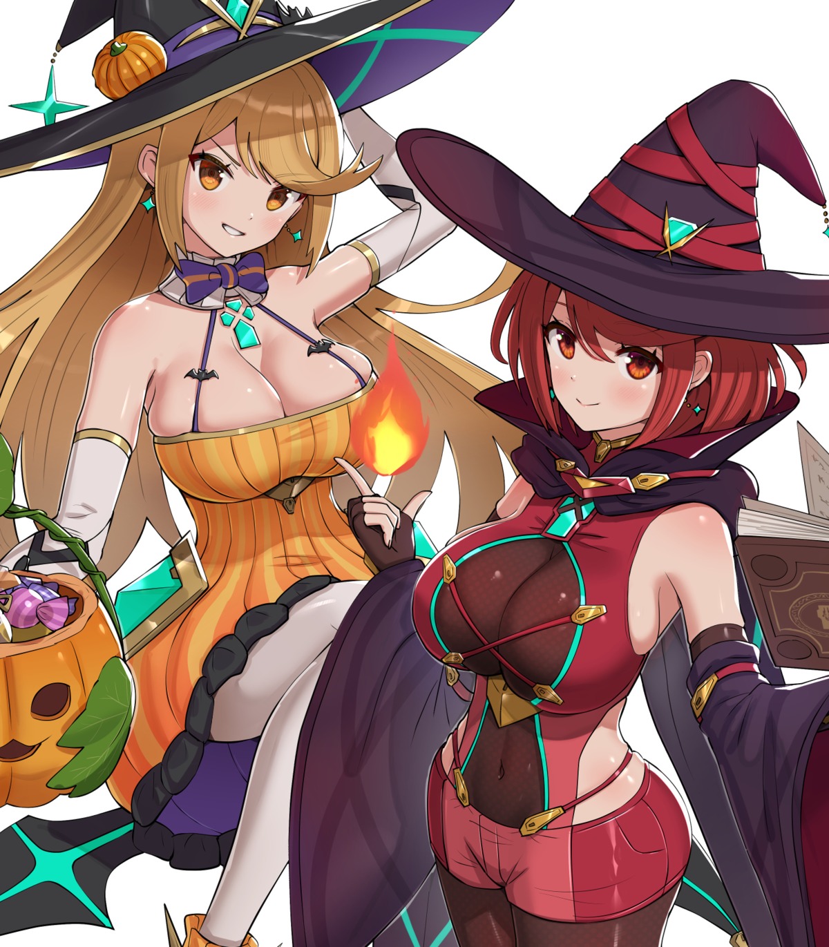 cleavage dress fishnets gonzarez halloween hikari_(xenoblade_2) homura_(xenoblade_2) no_bra pantyhose skirt_lift witch xenoblade_(series) xenoblade_2