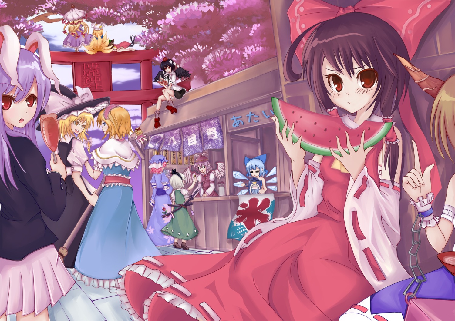 alice_margatroid chen cirno hakurei_reimu ibuki_suika kirisame_marisa mystia_lorelei reisen_udongein_inaba ringoaisu saigyouji_yuyuko shameimaru_aya shanghai_doll touhou yakumo_ran yakumo_yukari