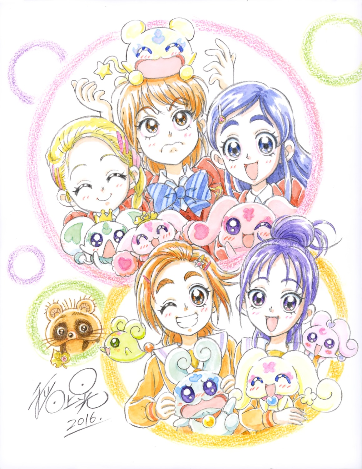 autographed choppy flappy futari_wa_pretty_cure futari_wa_pretty_cure_splash_star hyuuga_saki inagami_akira kujou_hikari mepple mipple mishou_mai misumi_nagisa porun pretty_cure seifuku yukishiro_honoka