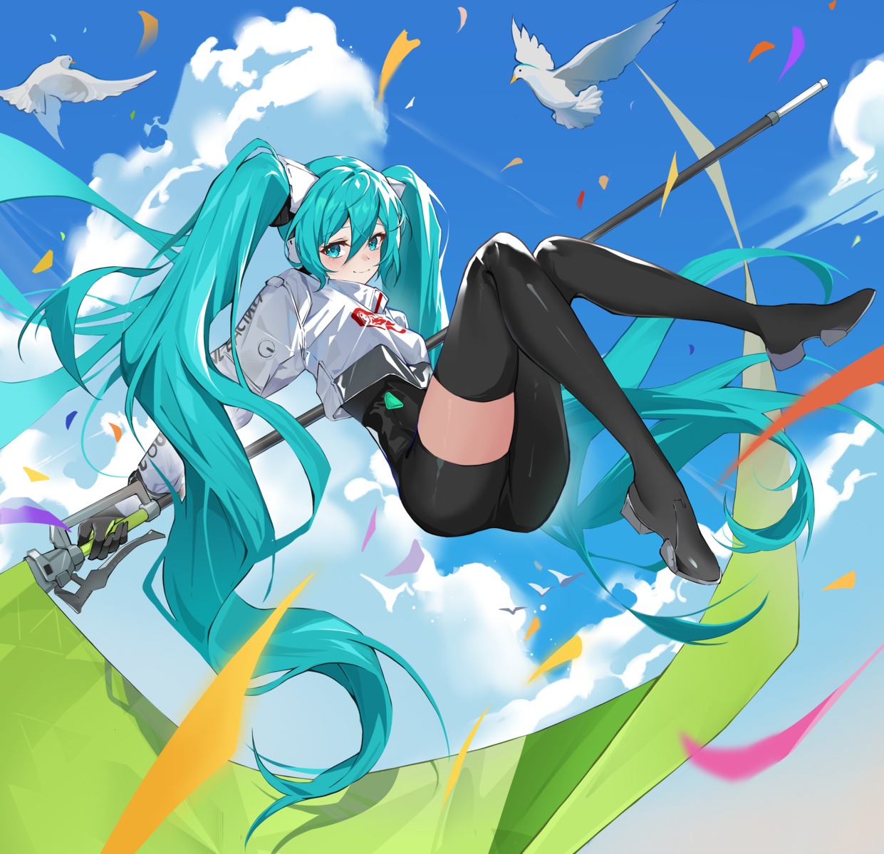 bodysuit goodsmile_racing hatsune_miku headphones paradox_(parapa) racing_miku thighhighs vocaloid