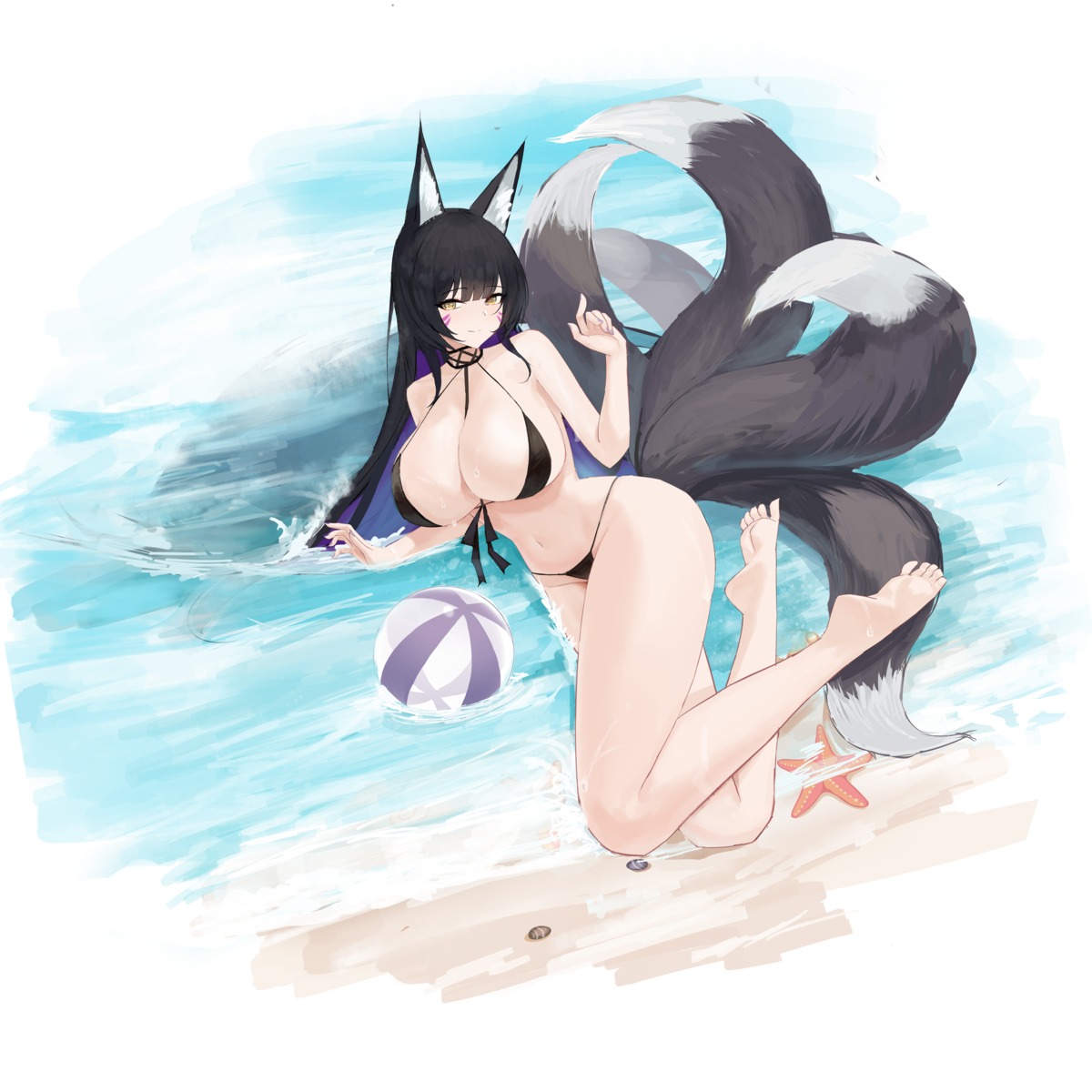 animal_ears azur_lane bikini kitsune musashi_(azur_lane) suo_bu_ye_feng swimsuits tail wet