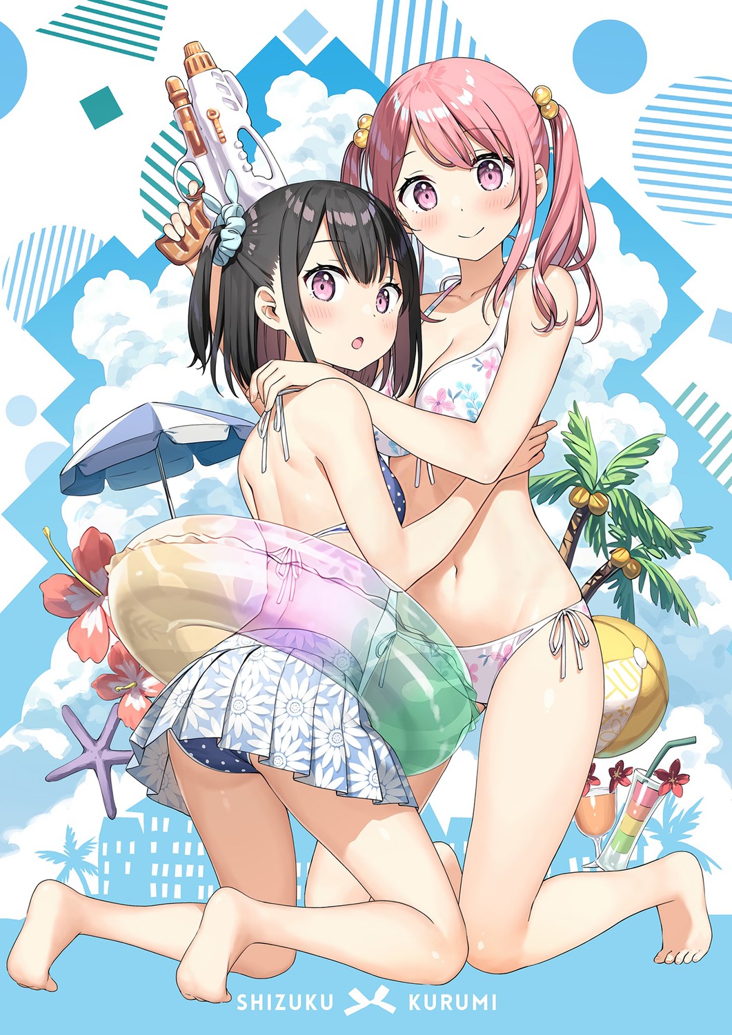 bikini cleavage detexted gun kantoku kurumi_(kantoku) shizuku_(kantoku) skirt_lift swimsuits