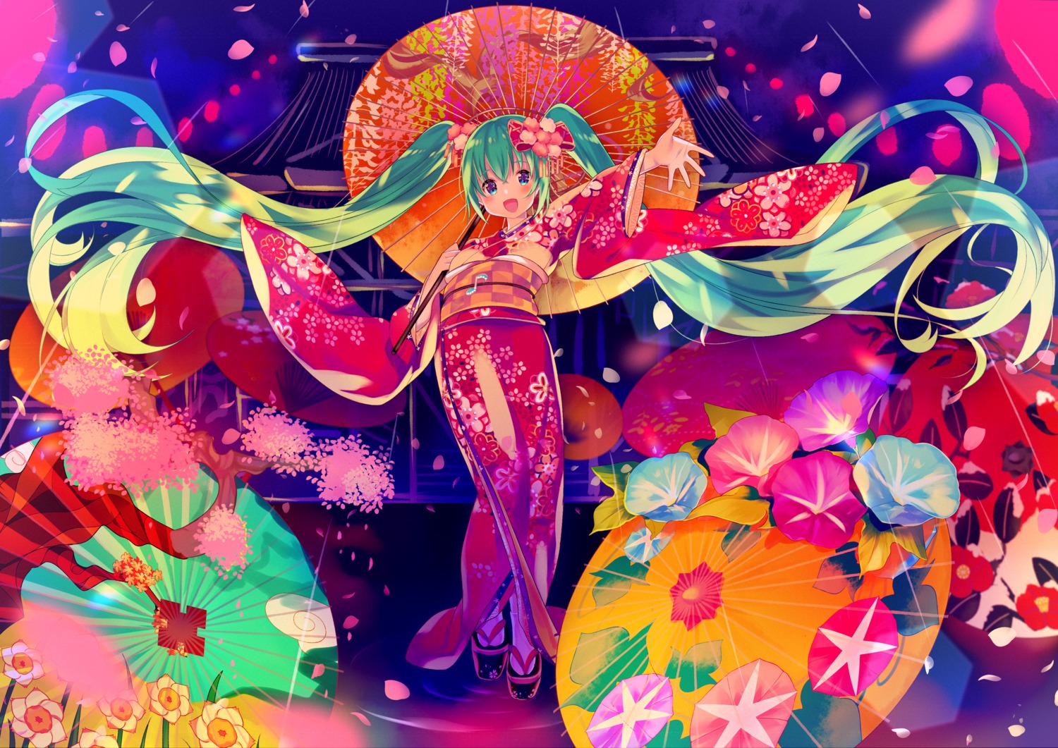 hatsune_miku ikari kimono kyoto_nippon_festival umbrella vocaloid