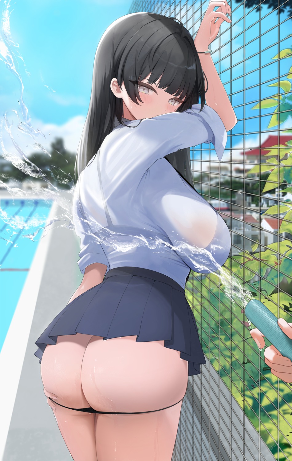 ass bra pantsu panty_pull see_through seifuku skirt_lift tomura2maru undressing wet wet_clothes