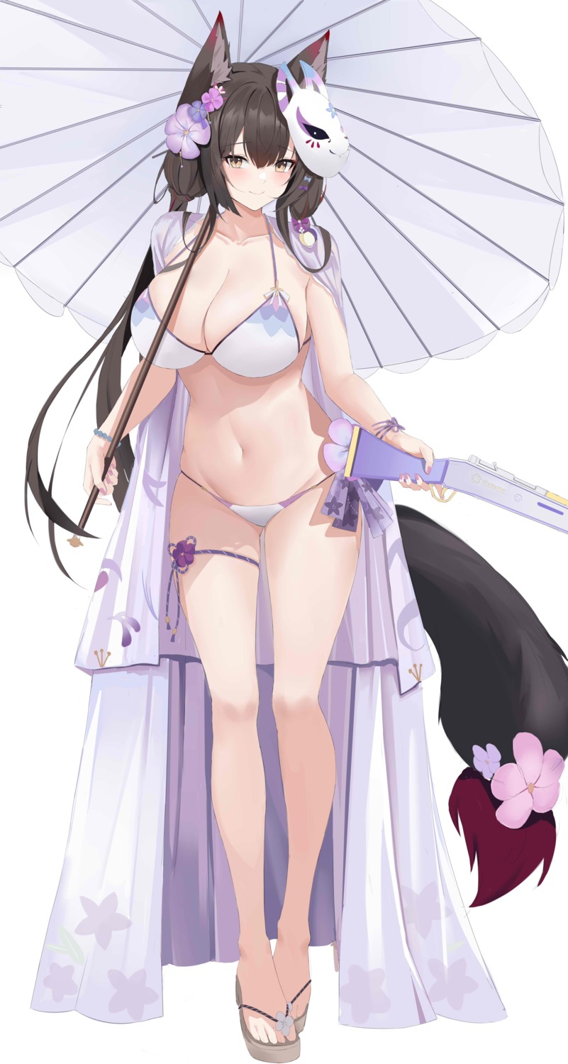 animal_ears bikini blue_archive garter gun japanese_clothes kitsune kosaka_wakamo kuyoumi swimsuits tail umbrella