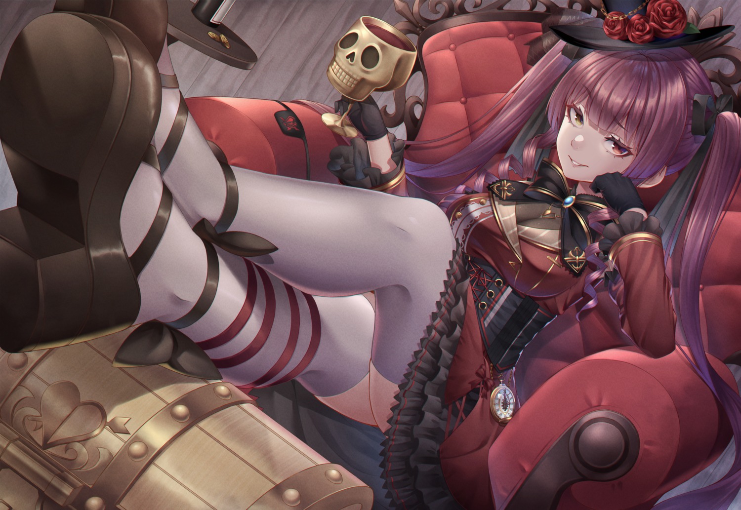 heterochromia hololive houshou_marine lolita_fashion noro_assumed skirt_lift thighhighs