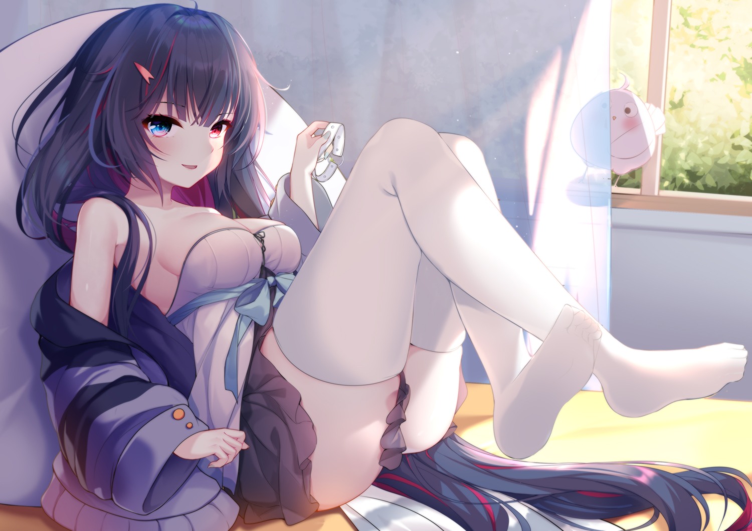 feet gu_gu_da_mo_wang heterochromia no_bra skirt_lift thighhighs