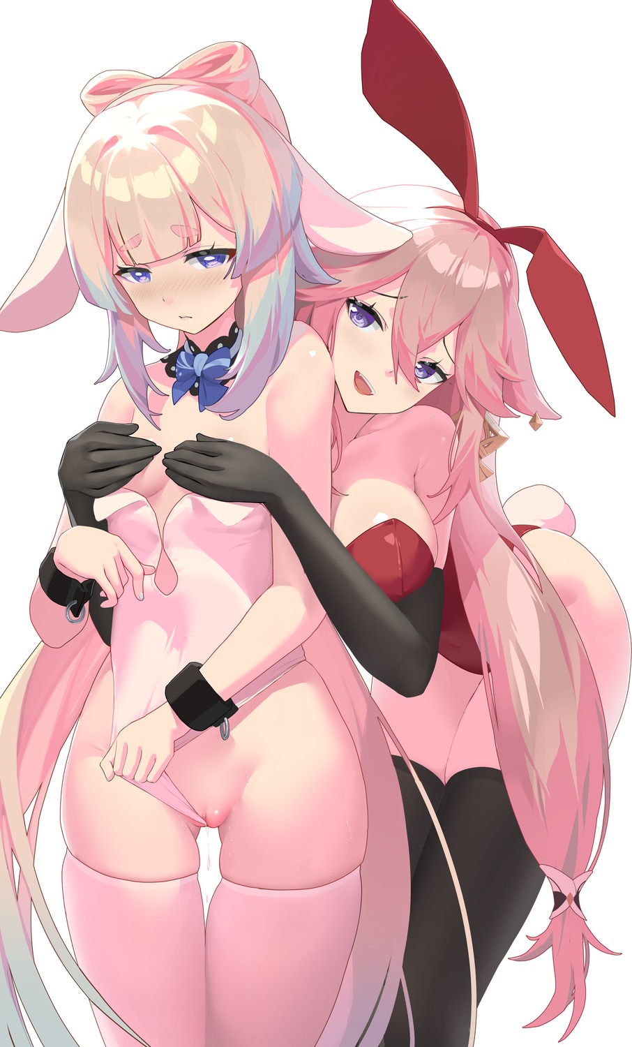 animal_ears breast_hold bunny_ears bunny_girl genshin_impact haku89 kitsune no_bra nopan pussy pussy_juice sangonomiya_kokomi tail thighhighs uncensored yae_miko yuri