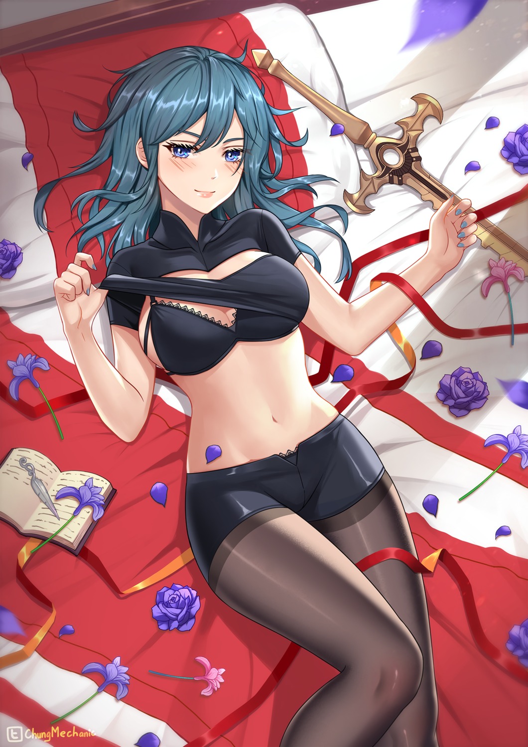 bra byleth_(fire_emblem) chungmechanic cleavage fire_emblem fire_emblem_three_houses pantyhose shirt_lift sword undressing