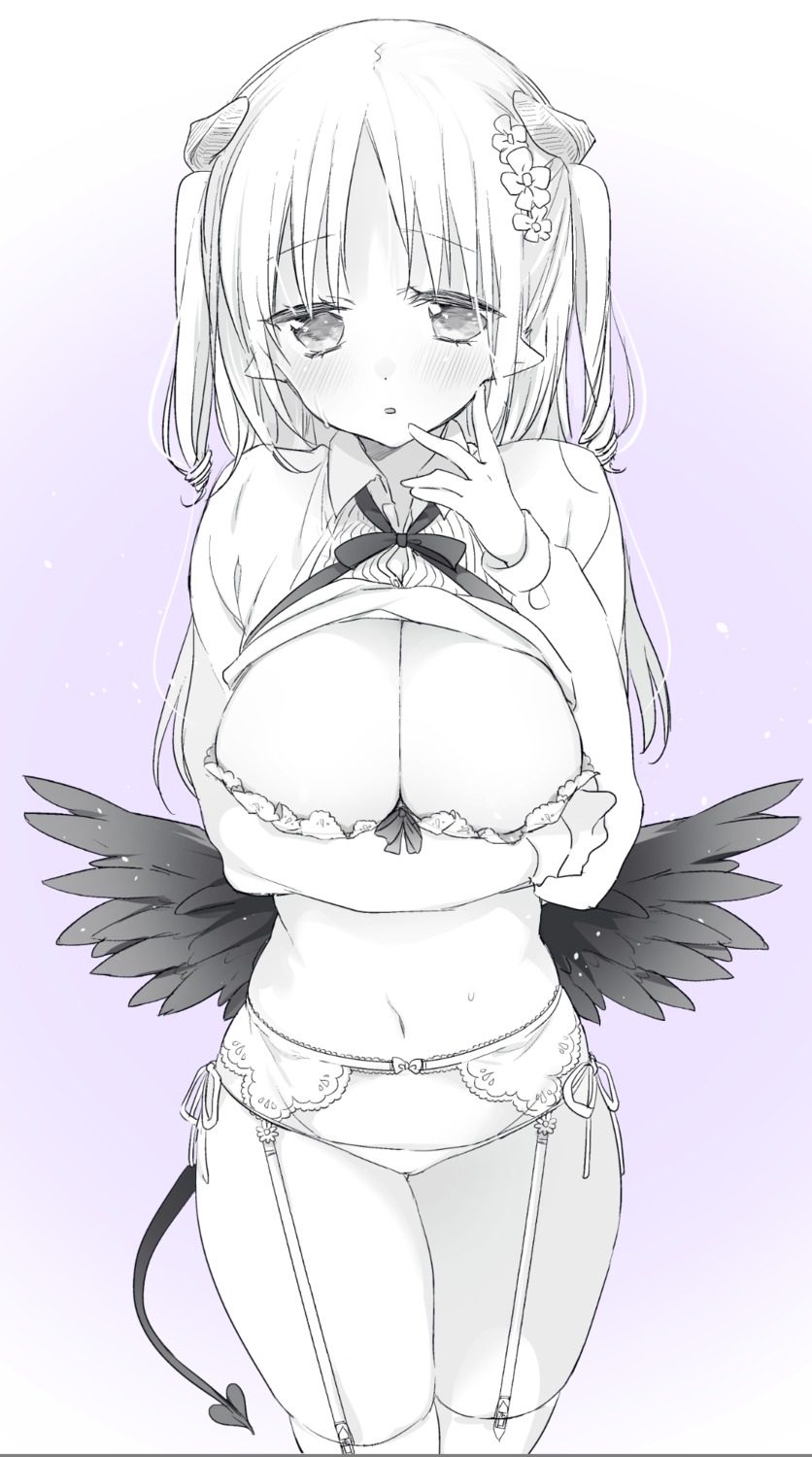 bra breast_hold cleavage garter_belt horns monochrome pantsu pointy_ears shirt_lift sino_(sionori) stockings string_panties tail thighhighs wings