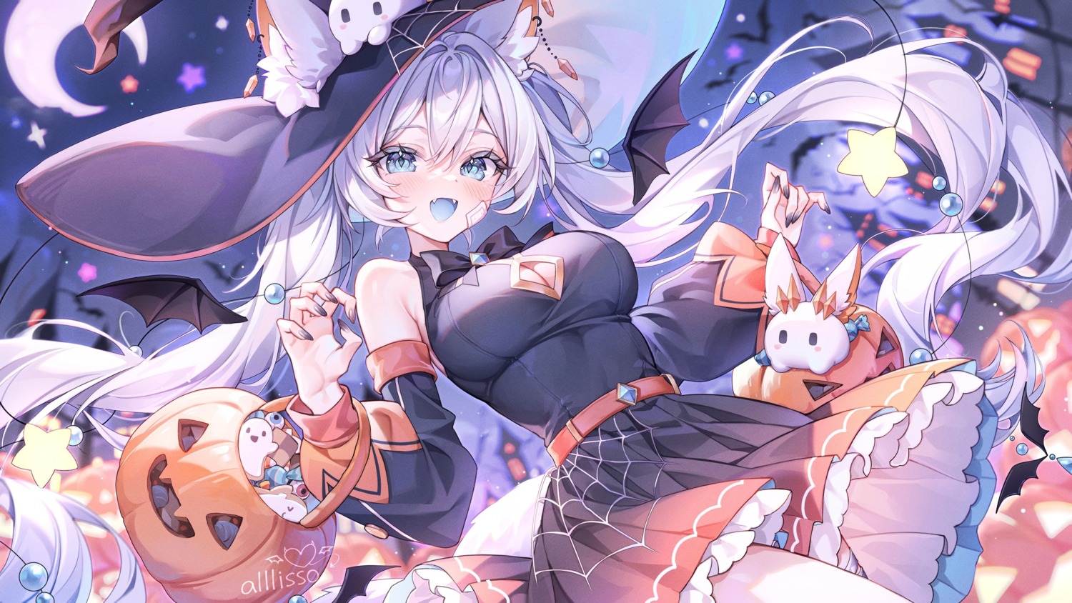 alllisso animal_ears cleavage dress edenia_euclase garter halloween indie_virtual_youtuber skirt_lift tail wallpaper wings witch