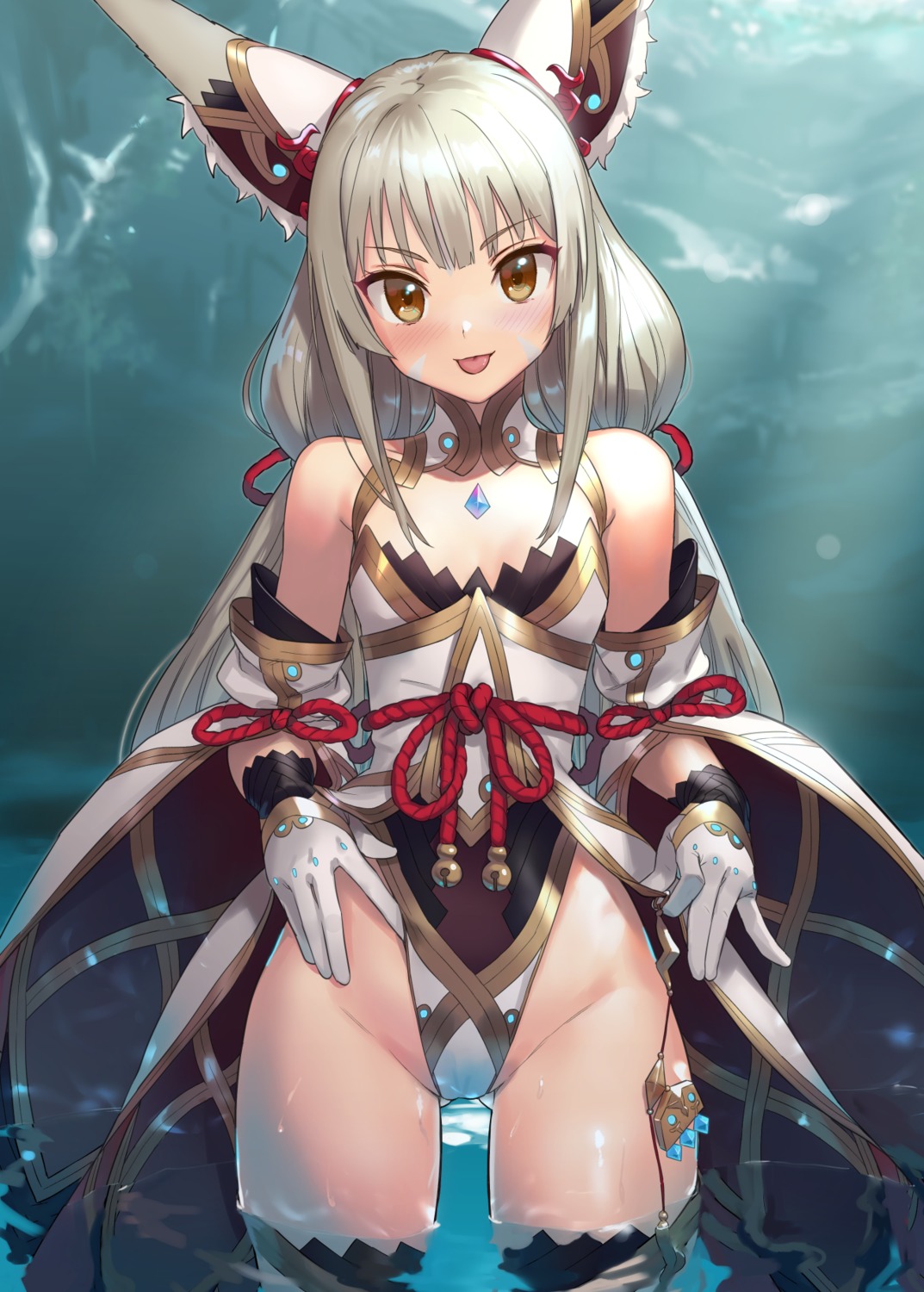 animal_ears cameltoe japanese_clothes kawakami_rokkaku leotard niyah niyah_(blade) thighhighs wet xenoblade xenoblade_chronicles_2