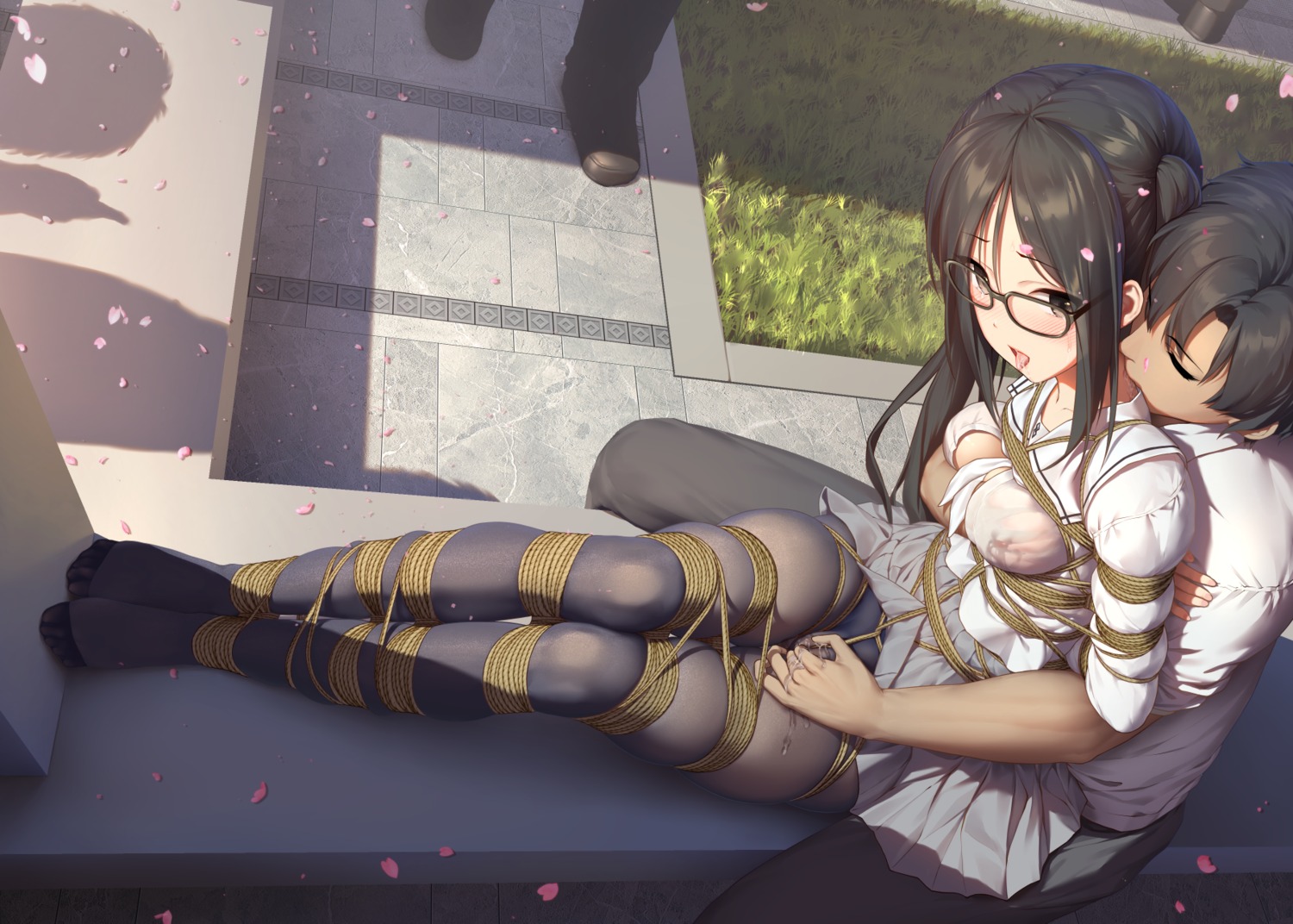 akuta_hinako bondage breast_grab fate/grand_order feet fingering megane no_bra open_shirt pantyhose pussy_juice seifuku skirt_lift tokinohimitsu