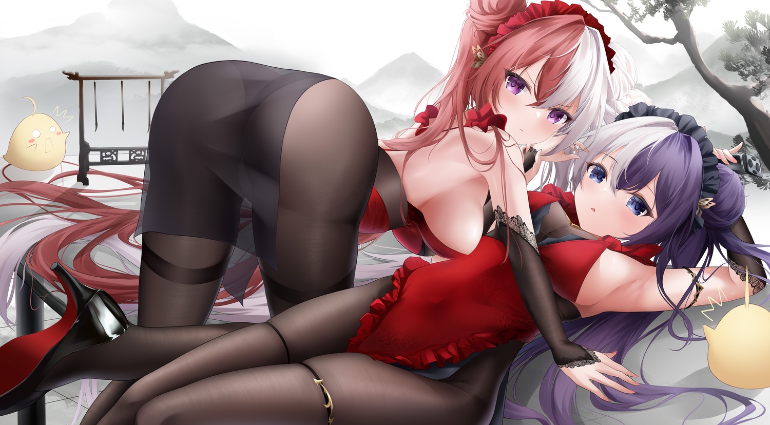 ass azur_lane chao_ho_(azur_lane) garter heels manjuu_(azur_lane) no_bra pantsu pantyhose proverbs_zhenyan see_through thong ying_swei_(azur_lane) yuri