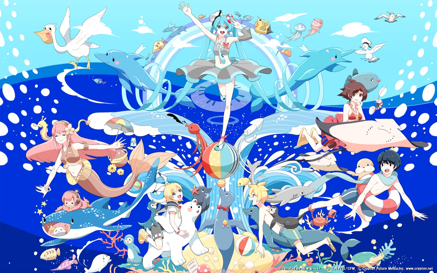 bikini chamooi hatsune_miku kagamine_len kagamine_rin kaito megurine_luka meiko mermaid monster_girl seifuku swimsuits vocaloid wallpaper