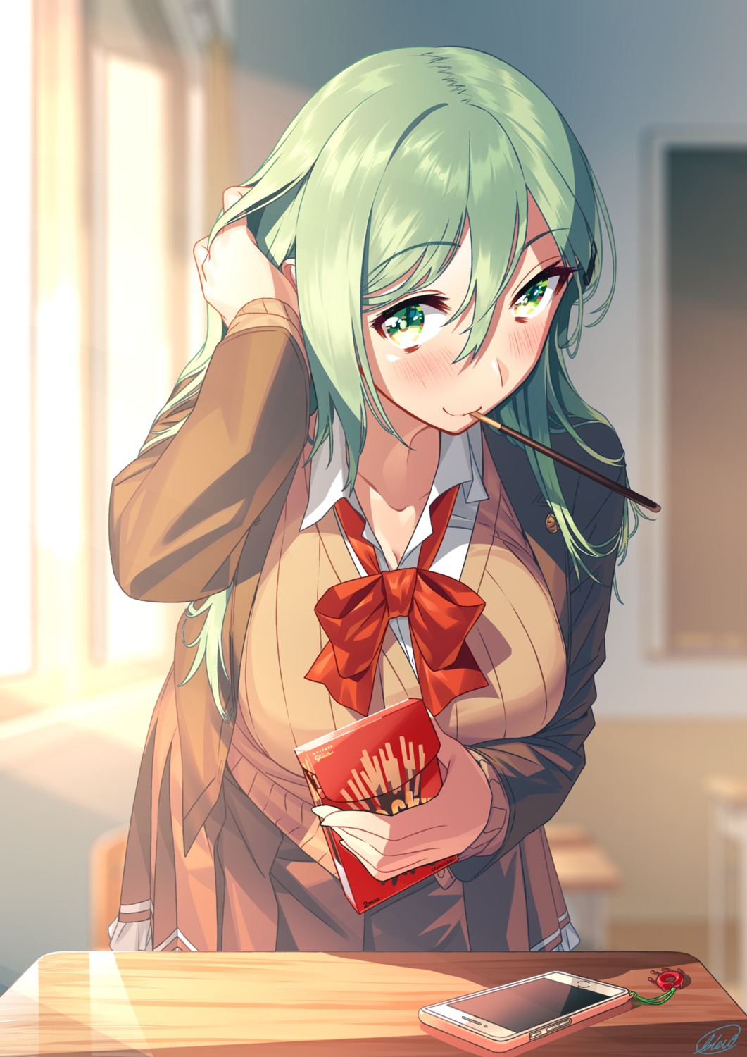 blew_andwhite breast_hold kantai_collection seifuku suzuya_(kancolle) sweater