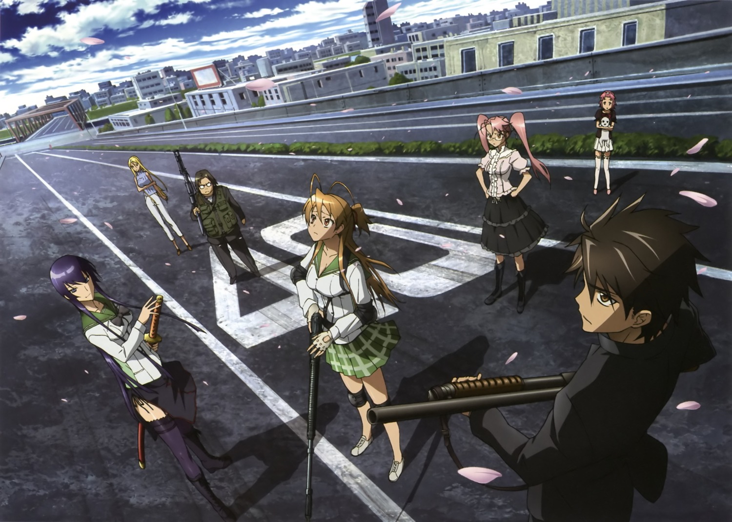 blood busujima_saeko gun highschool_of_the_dead hirano_kohta komuro_takashi maresato_alice marikawa_shizuka megane miyamoto_rei seifuku takagi_saya thighhighs