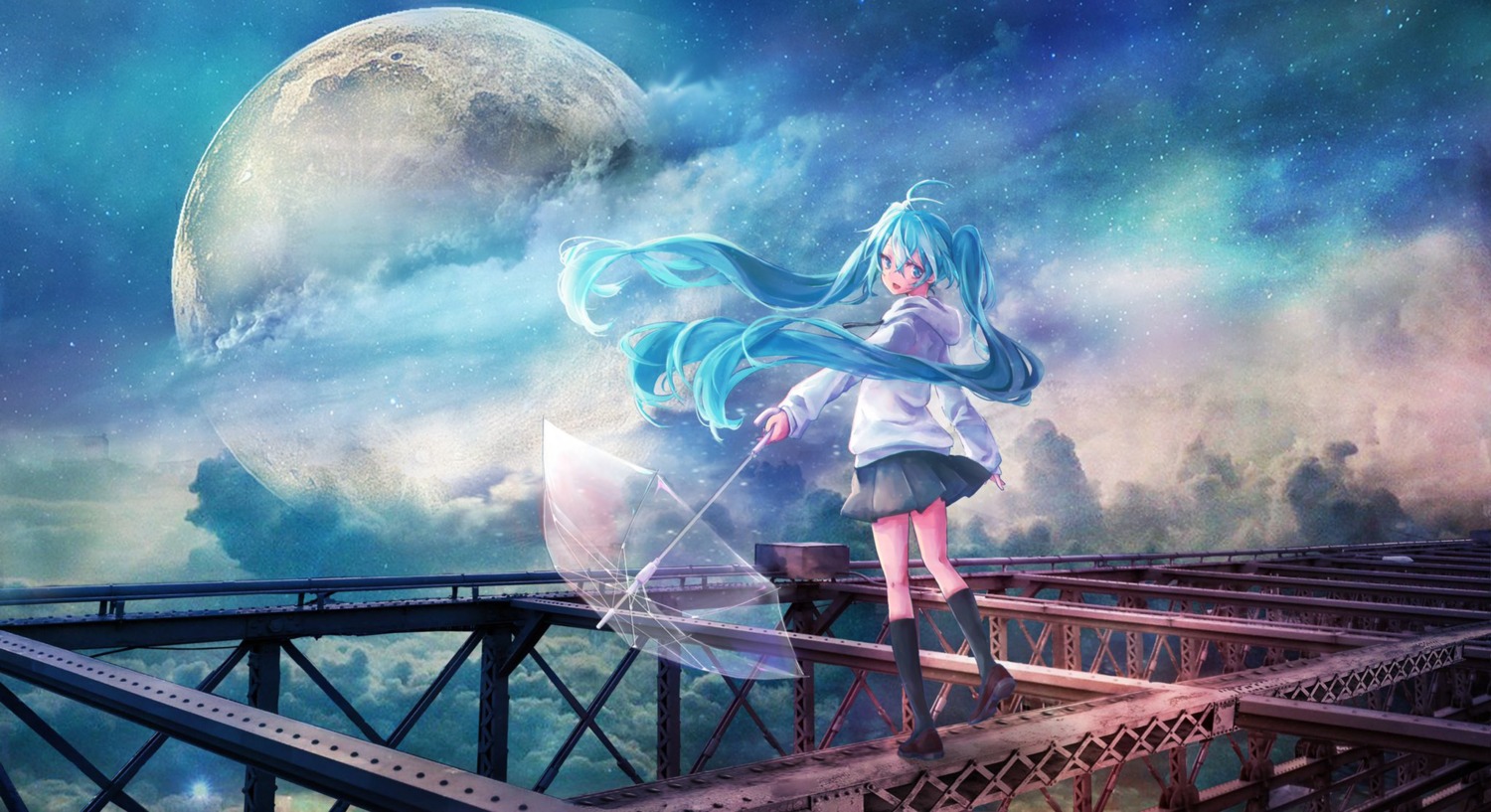 hatsune_miku landscape s_misaki skirt_lift umbrella vocaloid