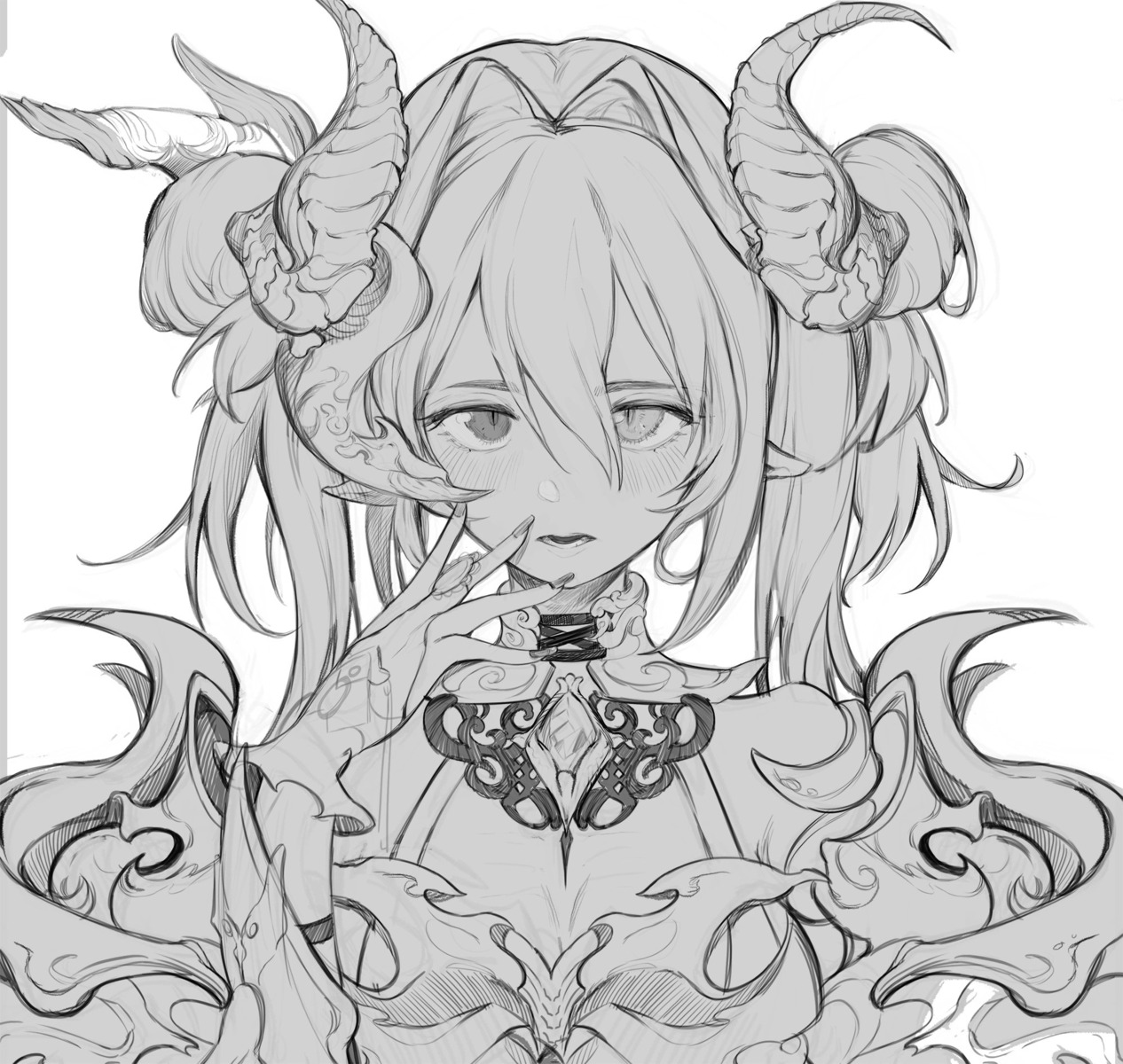 armor cleavage freng heterochromia horns monochrome pointy_ears sketch
