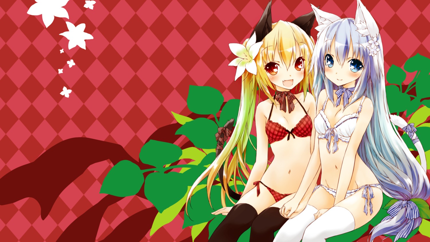 animal_ears bra cleavage nekomimi pantsu saeki_thoma string_panties tail thighhighs wallpaper