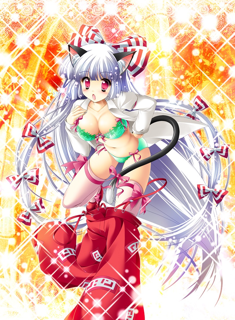 animal_ears bra cleavage fujiwara_no_mokou kamiya_tomoe nekomimi open_shirt pantsu tail thighhighs touhou