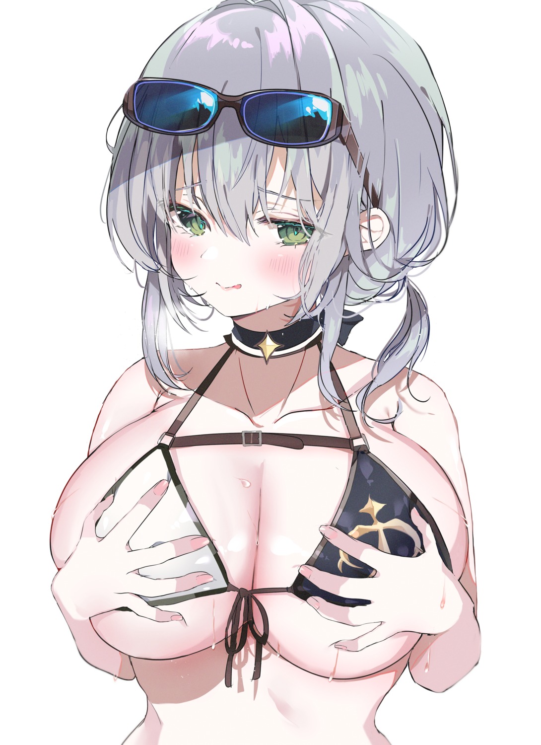 bikini_top breast_grab hololive megane niku_(hamuchang) shirogane_noel swimsuits