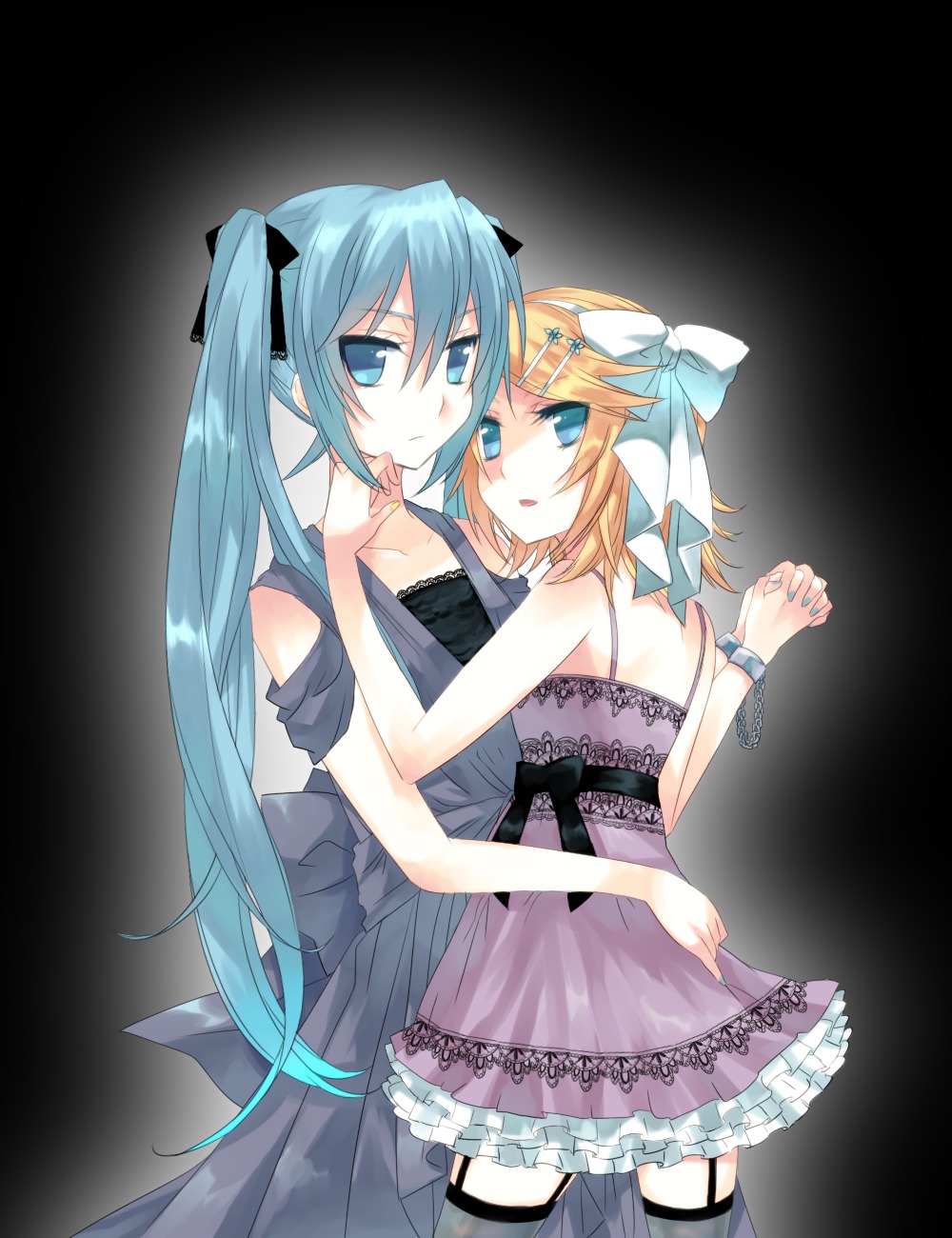 dress hatsune_miku kagamine_rin mizuki_(koko_lost) stockings thighhighs vocaloid