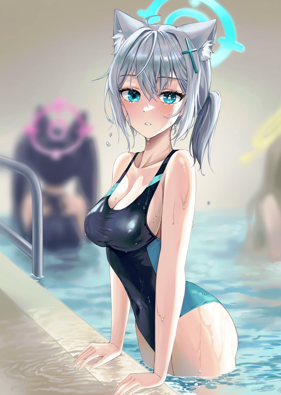 animal_ears blue_archive halo izayoi_nonomi kuromi_serika nekomimi scong sunaookami_shiroko swimsuits wet