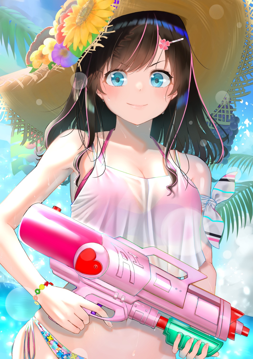 a.i._channel bikini cleavage gun kizuna_ai rushian see_through swimsuits