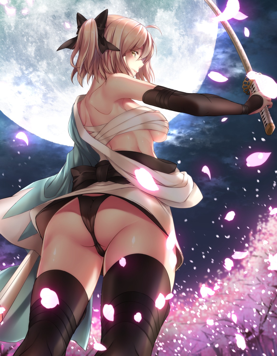 ass cameltoe fate/grand_order japanese_clothes mia_(gute-nacht-07) okita_souji_(fate) open_shirt pantsu sarashi sword thighhighs underboob