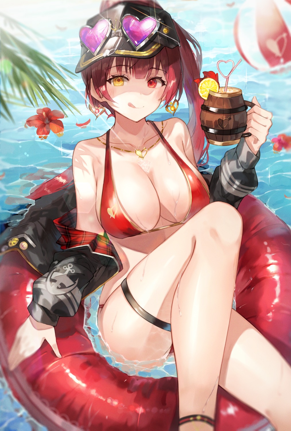 bikini garter heterochromia hololive houshou_marine megane open_shirt swimsuits taht_(that_is_mm) wet