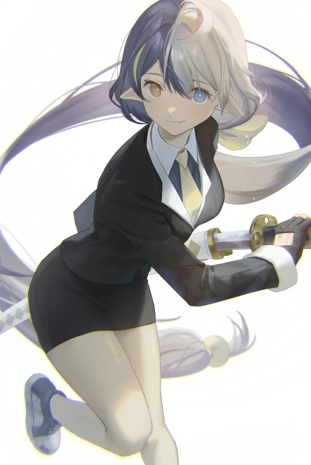 business_suit heterochromia pantyhose pointy_ears sword tagme