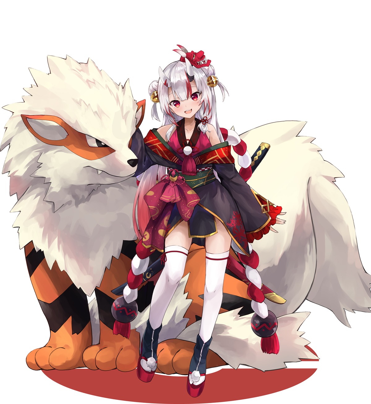 arcanine crossover hololive horns japanese_clothes konkito nakiri_ayame pokemon sword thighhighs