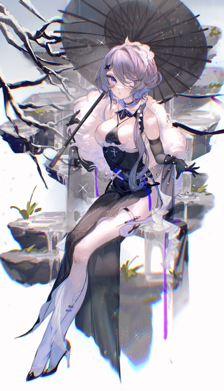 arknights breasts dress eyepatch garter heels no_bra open_shirt rumoon umbrella whisperain_(arknights)