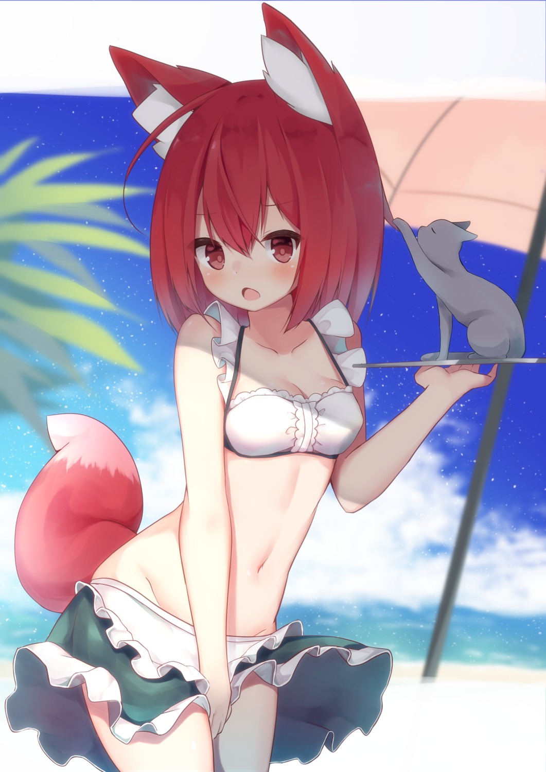 animal_ears bikini cleavage kitsune maid memekko neko skirt_lift swimsuits tail