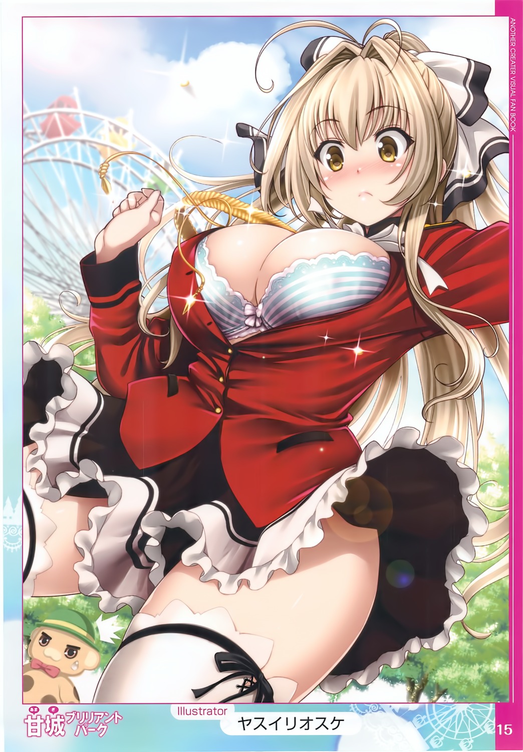 amagi_brilliant_park bra cropme moffle open_shirt sento_isuzu skirt_lift thighhighs uniform wardrobe_malfunction yasui_riosuke