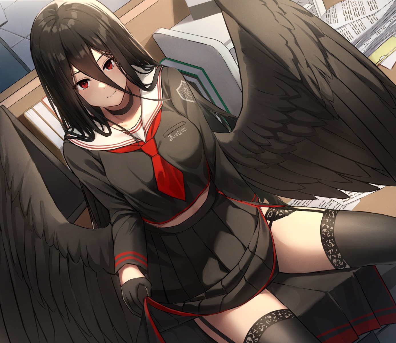 angel blue_archive gileu hanekawa_hasumi seifuku skirt_lift stockings thighhighs wings