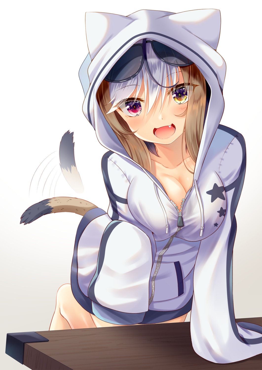 akine_(kuroyuri) animal_ears cleavage megane nekomimi no_bra tail