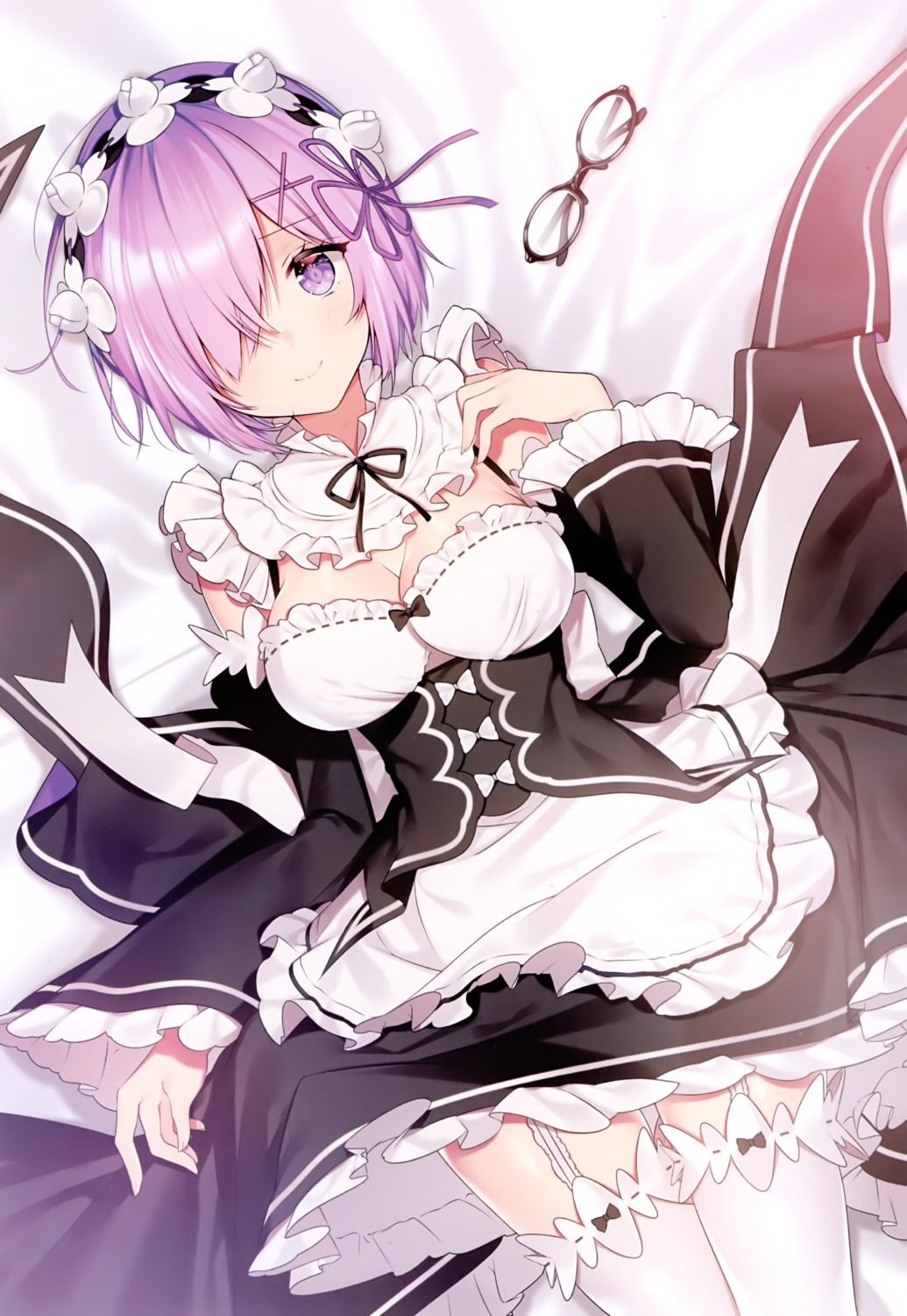 cleavage cosplay fate/grand_order maid mash_kyrielight megane necomi re_zero_kara_hajimeru_isekai_seikatsu rem_(re_zero) skirt_lift stockings thighhighs