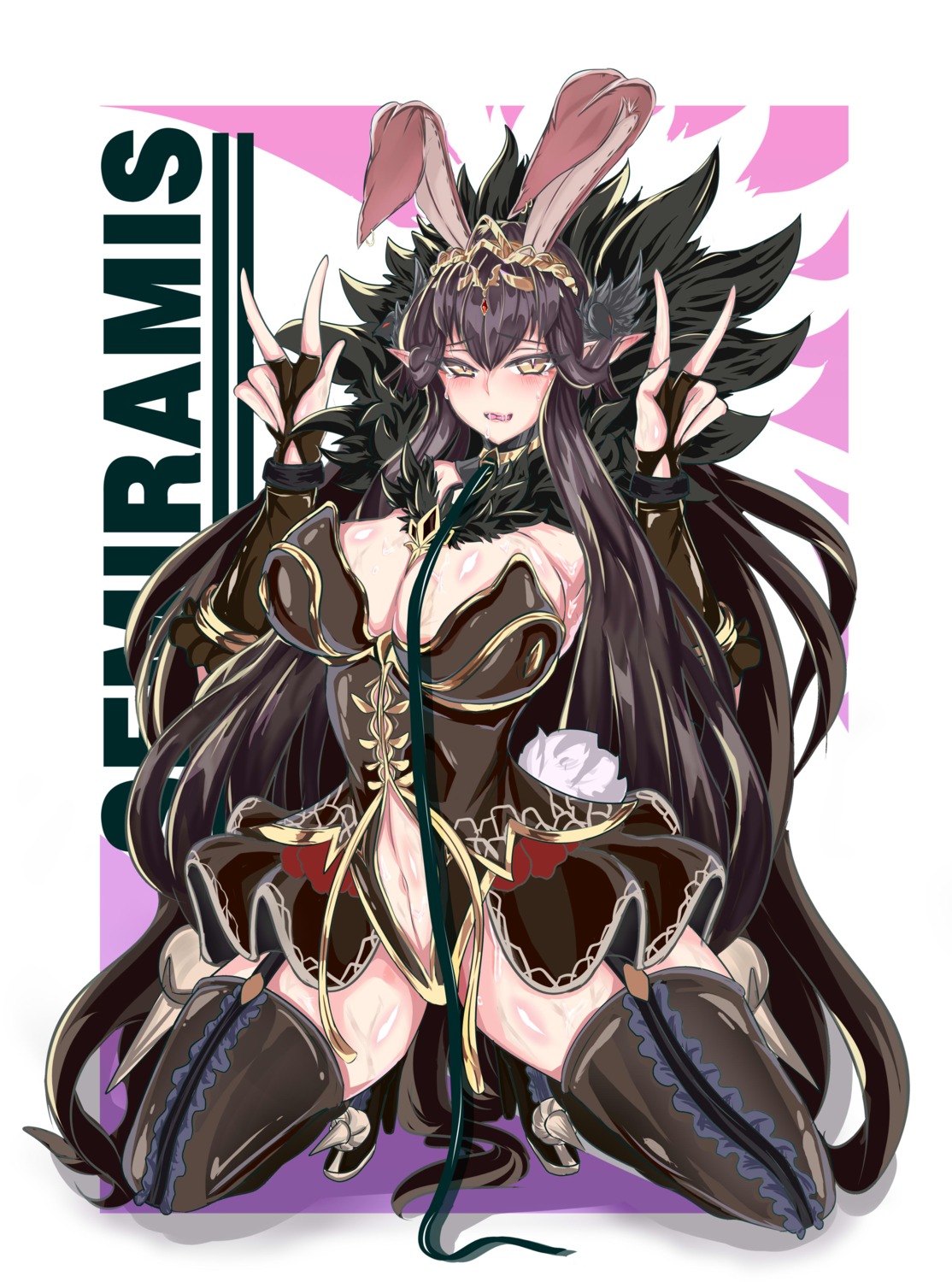 animal_ears bunny_ears bunny_girl fate/grand_order heels kive no_bra pointy_ears semiramis_(fate) stockings tail thighhighs