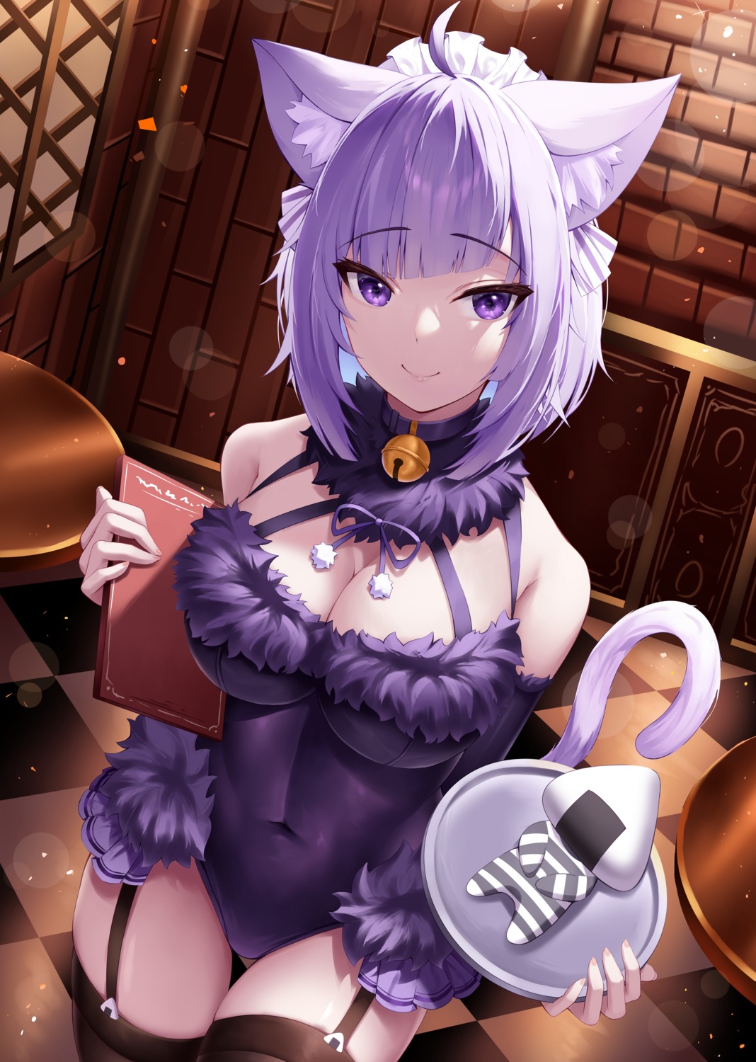 animal_ears hololive hololive_gamers leotard maid nekomata_okayu nekomimi no_bra roina_(effj7473) stockings tail thighhighs waitress