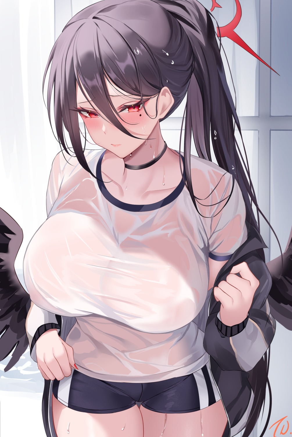 angel blue_archive gym_uniform hanekawa_hasumi nanoda002_(saber427) no_bra see_through wet wet_clothes wings