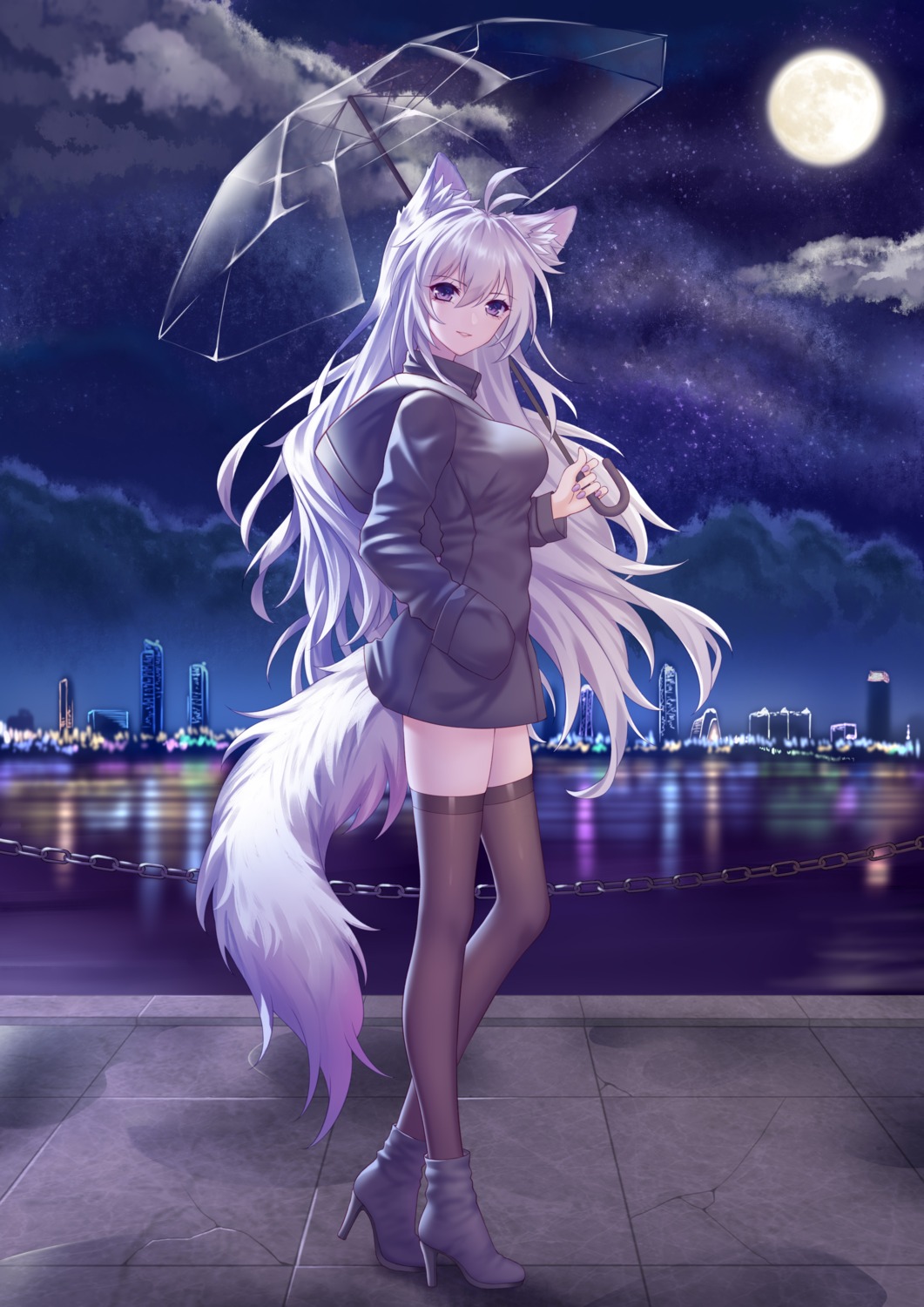 animal_ears heels kirby_d_a tail thighhighs umbrella