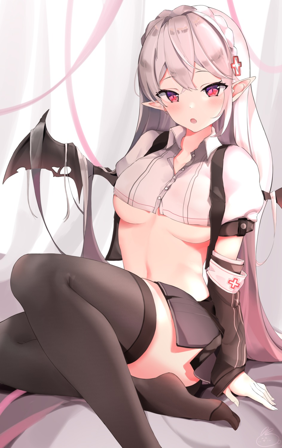 arknights no_bra pointy_ears skirt_lift thighhighs underboob usagi_poi warfarin_(arknights) wings