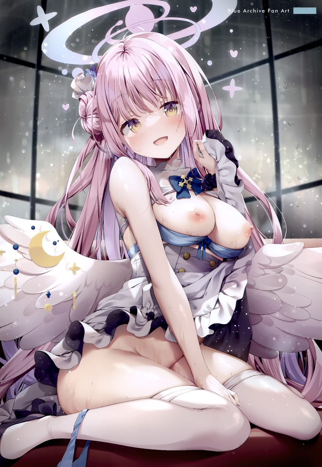 angel blue_archive bra breasts kinokomushi misono_mika nipples pantsu panty_pull see_through skirt_lift thighhighs wet wet_clothes wings