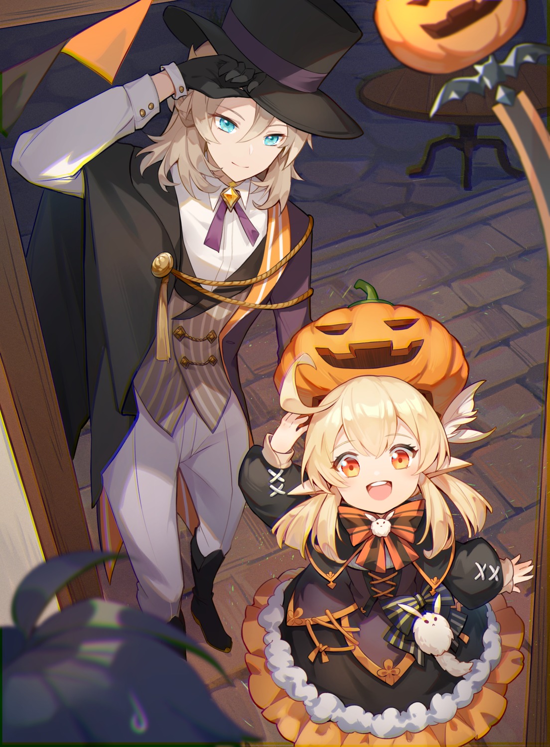 albedo_(genshin_impact) autumnlll dress genshin_impact halloween klee pointy_ears