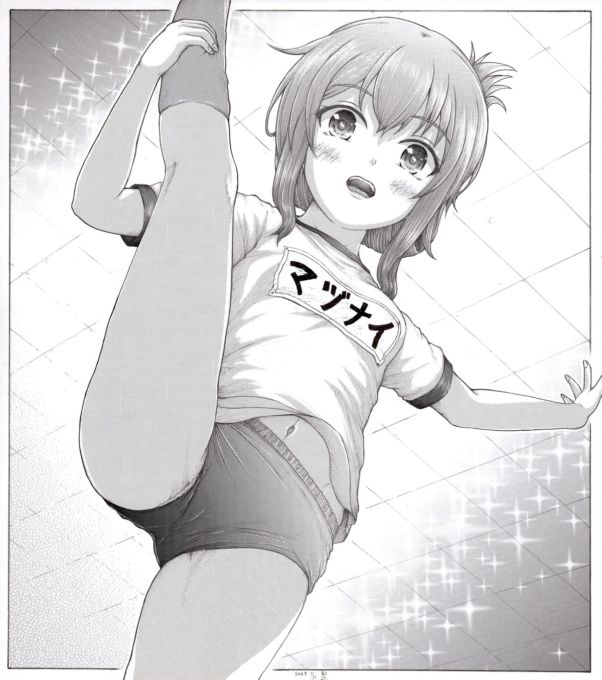 buruma gym_uniform h2_(h20000000) inazuma_(kancolle) kantai_collection monochrome wardrobe_malfunction