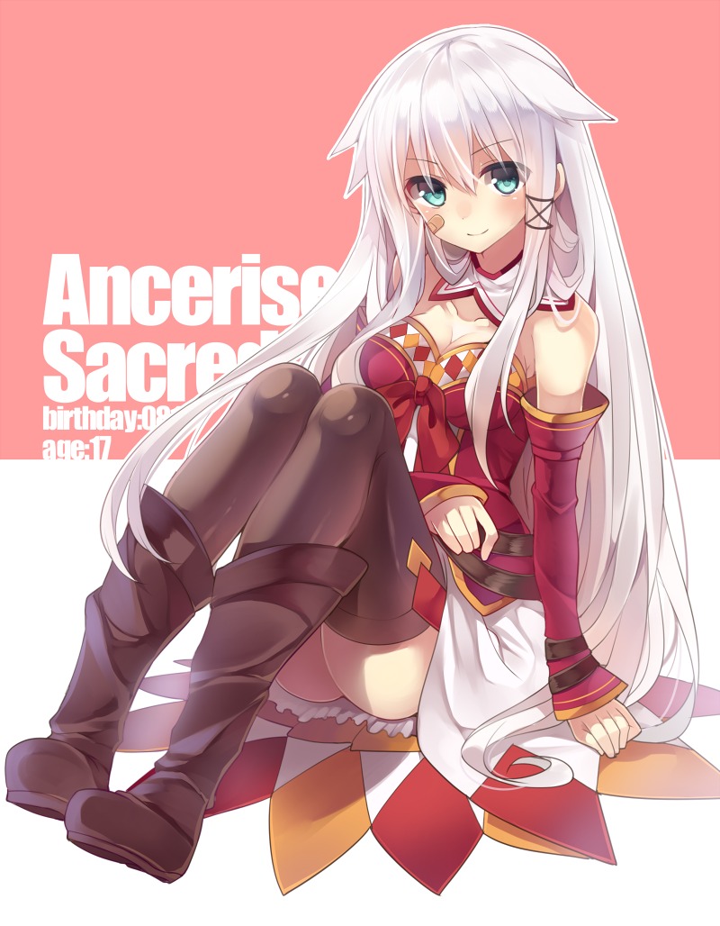 ancerise_sacred bandaid cleavage mishima_kurone skirt_lift thighhighs