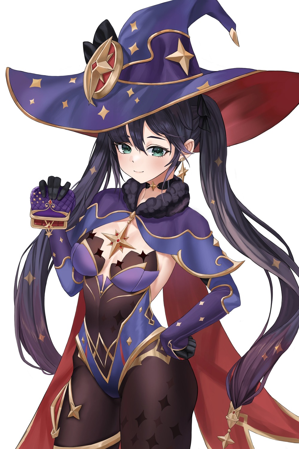 cleavage garter genshin_impact leotard mona_megistus no_bra nyanbutter pantyhose witch